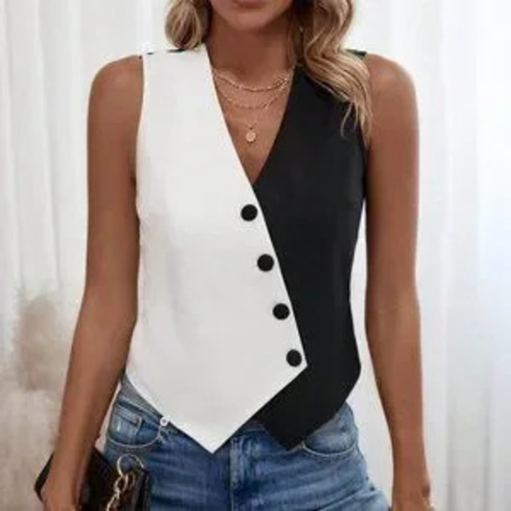 Black & White Preppy Womens Two Tone Button Front Vest Blazer